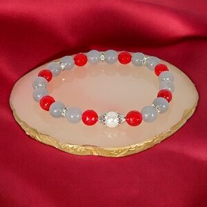 Cherry Red & Grey Chalcedony Mother of Pearl Bracelet Office Siren Y2K Earth Art